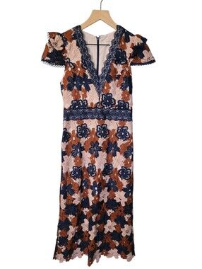 Adelyn Rae 3D Floral Lace‎ Midi Dress Navy Blush Rust Size XS